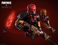 Rule 34 | assault rifle, bionicle, copyright name, crossover, flaming sword, flaming weapon, fortnite, gun, highres, holding, holding gun, holding weapon, humanoid robot, kanohi (bionicle), logo, looking down, mask, prog ares, purple eyes, red background, rifle, robot, solo focus, tahu (bionicle), the lego group, trigger discipline, twitter username, variations, weapon