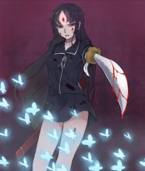 Rule 34 | 00s, 1girl, aiming, aiming at viewer, bigoru, blood, blood on clothes, blood on face, bloody weapon, blunt bangs, bug, butterfly, female focus, ga-rei, ga-rei zero, gradient background, insect, isayama yomi, parted bangs, pointing, pointing at viewer, pointing sword, scabbard, school uniform, sheath, skirt, solo, spoilers, sword, uniform, weapon