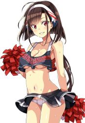 Rule 34 | 1girl, american flag, american flag print, azur lane, breasts, brown hair, cheering, cheerleader, cleavage, clothes writing, crop top, crop top overhang, flag print, headband, highres, holding, holding pom poms, independence (azur lane), long hair, looking at viewer, macaroni hourensou, medium breasts, navel, panties, pantyshot, parted lips, pom pom (cheerleading), pom poms, red eyes, simple background, slit pupils, smile, solo, standing, sweat, underwear, white background, white panties