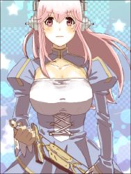 Rule 34 | 1girl, armor, armored dress, artoria pendragon (all), artoria pendragon (fate), blush, breasts, cleavage, cosplay, excalibur (fate/stay night), fate (series), gauntlets, headphones, large breasts, long hair, looking at viewer, nitroplus, pink eyes, pink hair, saber (fate), saber (fate) (cosplay), solo, super sonico, sword, warai, weapon