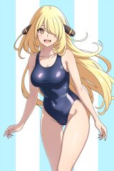 Rule 34 | 1girl, asairosora, bare arms, bare shoulders, blonde hair, blue background, blue one-piece swimsuit, breasts, commentary request, competition swimsuit, covered navel, creatures (company), cynthia (pokemon), feet out of frame, floating hair, game freak, gluteal fold, hair ornament, hair over one eye, highleg, highleg swimsuit, highres, large breasts, light blush, long hair, looking at viewer, nintendo, one-piece swimsuit, one eye covered, open mouth, pokemon, pokemon dppt, smile, solo, standing, swimsuit, teeth, thigh gap, two-tone background, upper teeth only, very long hair, white background, yellow eyes