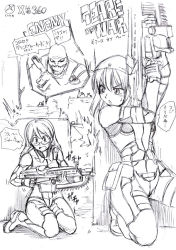 Rule 34 | 2girls, bandana, breasts, chainsaw, death flag, firing, gears of war, glasses, greyscale, gun, hair between eyes, hands up, holding, holding gun, holding weapon, kneeling, kurose kousuke, lancer (gears of war), long hair, medium breasts, medium hair, monochrome, motion lines, multiple girls, on one knee, open mouth, pouch, sitting, sketch, sound effects, surprised, sweat, translation request, trembling, wariza, weapon
