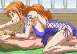 Rule 34 | 1girl, ;q, armpits, bare arms, bare legs, bare shoulders, blue dress, bracelet, grabbing another&#039;s breast, breasts, cleavage, collarbone, dress, grabbing, grass, jewelry, kyabakurabakufu, large breasts, legs, long hair, looking away, lots of jewelry, lying, matching hair/eyes, nami (one piece), one eye closed, one piece, orange eyes, orange hair, outdoors, shiny skin, smile, solo, tattoo, thighs, tongue, tongue out