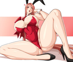 Rule 34 | 1girl, alecto 0, amputee, anger vein, animal ears, baiken, bare shoulders, breasts, cleavage, covered navel, detached collar, facial tattoo, fake animal ears, forehead, guilty gear, guilty gear strive, high heels, highleg, highleg leotard, highres, large breasts, leotard, long hair, looking to the side, mature female, one-eyed, open mouth, parted bangs, pink hair, playboy bunny, rabbit ears, red eyes, red leotard, scar, scar across eye, scar on face, solo, spread legs, tattoo, wrist cuffs