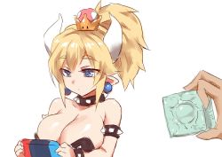 Rule 34 | 1girl, armlet, bad id, bad pixiv id, blonde hair, blue eyes, borrowed design, bowsette, bracelet, breasts, cleavage, collar, condom, earrings, handheld game console, horns, jewelry, large breasts, long hair, mario (series), new super mario bros. u deluxe, nintendo, nintendo switch, playing games, pointy ears, ponytail, spiked armlet, spiked bracelet, spiked collar, spikes, super crown, upper body, yostxxx
