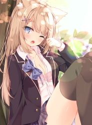 Rule 34 | 1girl, ;o, animal ear fluff, animal ears, backlighting, black jacket, black thighhighs, blazer, blue bow, blue bowtie, blue eyes, blush, bow, bowtie, breasts, cat ears, cleavage, collarbone, collared shirt, commentary request, dress shirt, fang, grey skirt, hair ornament, hairclip, hoshi (snacherubi), jacket, knees up, light brown hair, long hair, long sleeves, looking at viewer, one eye closed, open clothes, open jacket, open mouth, original, panties, partially unbuttoned, plaid, plaid skirt, pleated skirt, school uniform, shirt, sitting, skirt, sleepy, small breasts, solo, thighhighs, tree, underwear, very long hair, waking up, white panties, white shirt, x hair ornament