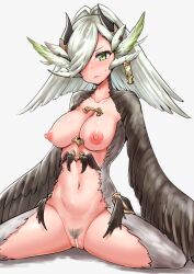 Rule 34 | 1girl, bar censor, bird legs, black feathers, black wings, blush, breasts, censored, commentary request, elil (granblue fantasy), feathered wings, feathers, female pubic hair, granblue fantasy, green eyes, green feathers, harpy, head wings, horns, medium breasts, monster girl, navel, nipples, nude, open mouth, pubic hair, rumiya9i, simple background, solo, sweatdrop, white background, white hair, wing ornament, winged arms, wings
