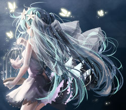 Rule 34 | aqua hair, bird, birdcage, blue background, bug, butterfly, cage, closed eyes, cowboy shot, dress, flower, from behind, glowing, glowing butterfly, gradient background, grey dress, hair flower, hair ornament, hair strand, hatsune miku, highres, insect, light particles, long hair, looking away, pigeon, sleeveless, sleeveless dress, solo, standing, twintails, very long hair, vioro, vocaloid