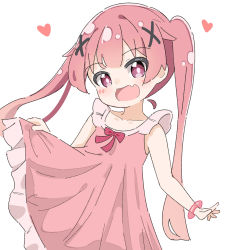 Rule 34 | 1girl, :d, bare shoulders, blush, bow, collarbone, commentary request, dress, fang, frilled dress, frills, hair ornament, head tilt, heart, highres, kapuru 0410, long hair, looking at viewer, nightgown, open mouth, pink dress, pink hair, purple eyes, red bow, simple background, sleeveless, sleeveless dress, smile, solo, tanemura koyori, twintails, very long hair, watashi ni tenshi ga maiorita!, white background, x hair ornament