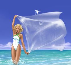 Rule 34 | 1girl, bird, blonde hair, cloud, day, closed eyes, one-piece swimsuit, open mouth, original, p-gin, seagull, shawl, short hair, sky, smile, soaking feet, solo, swimsuit, tan, thigh gap, translucent, wading, water