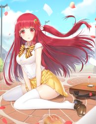 Rule 34 | 1girl, bad id, bad pixiv id, briefcase, carchet, food-themed hair ornament, hair ornament, lamppost, long hair, original, petals, red eyes, red hair, school briefcase, school uniform, shoe dangle, side ponytail, sitting, solo, strawberry hair ornament, thighhighs, wariza