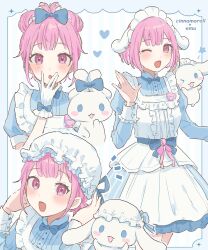 Rule 34 | 1girl, :o, ;d, alternate costume, blue bow, blue dress, bow, cinnamoroll, crossover, dress, frills, hat, highres, juliet sleeves, light blush, long sleeves, looking at viewer, maid headdress, mob cap, one eye closed, ootori emu, open mouth, pinafore dress, pink hair, puffy sleeves, sanrio, seijyohu, simple background, sleeveless, sleeveless dress, smile, white headwear