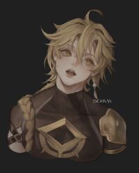 Rule 34 | 1boy, absurdres, aether (genshin impact), ahoge, androgynous, armor, artist name, black background, blonde hair, braid, brown eyes, brown shirt, commentary, cropped shoulders, earrings, genshin impact, head tilt, highres, jewelry, long hair, male focus, messy hair, open mouth, sevkyi, shirt, shoulder armor, sideways glance, simple background, single braid, single earring, solo, teeth, tongue, turtleneck, upper body, upper teeth only, yellow eyes