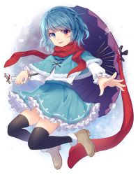 Rule 34 | 1girl, absurdres, aqua skirt, black thighhighs, blouse, blue hair, boots, capelet, commentary request, full body, fur-trimmed boots, fur-trimmed capelet, fur trim, heterochromia, highres, kaede (mmkeyy), karakasa obake, long sleeves, looking at viewer, miniskirt, petticoat, red scarf, scarf, shirt, skirt, snowflakes, solo, tatara kogasa, thighhighs, tongue, tongue out, touhou, umbrella, white shirt, zettai ryouiki