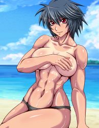 Rule 34 | 1girl, beach, bikini, bikini bottom only, covering privates, covering breasts, highres, kishi kyouka, muscular, ocean, original, red eyes, sand, solo, swimsuit, taroimo (00120014), topless, water