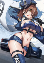 Rule 34 | 1girl, :d, aiguillette, arm up, azur lane, baltimore (azur lane), baltimore (finish line flagbearer) (azur lane), bikini, black bikini, black choker, black gloves, blue bikini, blue footwear, blue hat, blue jacket, blue shorts, blurry, blurry background, boots, breasts, brown hair, car, chest harness, choker, cleavage, commentary, cowboy shot, cropped jacket, flag, gloves, groin, hair between eyes, harness, hat, highleg, highleg bikini, highres, holding, holding pole, jacket, large breasts, micro shorts, mismatched bikini, motor vehicle, navel, official alternate costume, open clothes, open jacket, open mouth, peaked cap, pole, purplecat, race queen, race vehicle, racecar, short hair, shorts, sidelocks, skindentation, smile, solo, standing, stomach, swimsuit, teeth, thigh boots, underboob, underbust, upper teeth only, yellow eyes