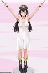 Rule 34 | 1girl, armpits, arms up, black footwear, black hair, blush, boots, breasts, closed eyes, closed mouth, collarbone, crown, dress, full body, kagura hikari, maruze circus, medium breasts, navel, nipples, pink background, pussy, restrained, see-through, shiny skin, shoujo kageki revue starlight, simple background, solo, sundress, uncensored