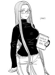 Rule 34 | 1girl, absurdres, bb (baalbuddy), blush, book, breasts, denim, english text, fate/stay night, fate (series), glasses, greyscale, highres, holding, holding book, jeans, long hair, medusa (fate), medusa (rider) (fate), monochrome, pants, simple background, solo, turtleneck, white background