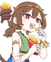 Rule 34 | 1girl, absurdres, blue dress, blue nails, blush stickers, brown hair, circlet, commentary, detached sleeves, dress, fingernails, food, french fries, green dress, highres, holding, holding food, kame (kamepan44231), long hair, low twintails, monkey tail, multicolored clothes, multicolored dress, nail polish, open mouth, red eyes, simple background, single-shoulder dress, single detached sleeve, smile, solo, son biten, tail, touhou, twintails, upper body, white background, white sleeves, yellow dress