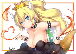 Rule 34 | 1girl, armlet, bare shoulders, black nails, blonde hair, blue eyes, blush, bowsette, bracelet, breasts, breath weapon, breathing fire, cleavage, collar, collarbone, crown, earrings, fingernails, fire, hand on own hip, highres, jewelry, large breasts, long hair, looking at viewer, mario (series), nail polish, new super mario bros. u deluxe, nintendo, pointy ears, ponytail, sharp fingernails, signature, solo, spiked armlet, spiked bracelet, spiked collar, spikes, subaru (794829485), super crown, tail, white background