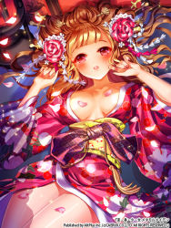 Rule 34 | 1girl, blush, brown hair, character request, dress, esphy, floral print, flower, hen-shin-shou-jo metamol maiden, japanese clothes, kimono, long hair, long sleeves, lying, nail polish, open clothes, open kimono, open mouth, petals, pink dress, red eyes, red nails, solo