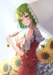 Rule 34 | 1girl, adapted costume, closed mouth, flower, frilled sleeves, frills, green hair, highres, holding, holding umbrella, kazami yuuka, looking at viewer, red eyes, red skirt, red vest, shironeko yuuki, short hair, short sleeves, skirt, smile, solo, sunflower, touhou, umbrella, vest, yellow flower