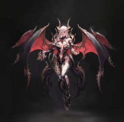 Rule 34 | 1girl, black background, breasts, cl (chearin), cleavage, concept art, demon girl, demon horns, fingernails, floating, gem, highres, horns, large breasts, long fingernails, long hair, original, pointy ears, red gemstone, red nails, solo, white hair, wings, yellow eyes
