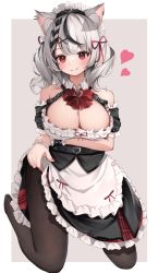 Rule 34 | 1girl, absurdres, animal ears, arm under breasts, black hair, bow, bowtie, breasts, cat ears, cleavage, clothes lift, commentary request, corset, detached sleeves, ear piercing, frilled shirt, frilled skirt, frilled sleeves, frills, hair ornament, highres, hololive, kirishe1101, kneeling, large breasts, lifted by self, maid headdress, multicolored hair, nail polish, pantyhose, piercing, red bow, red bowtie, red eyes, sakamata chloe, shirt, short sleeves, silver hair, skirt, skirt lift, smile, solo, streaked hair, virtual youtuber, wrist cuffs, x hair ornament
