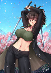 Rule 34 | 1girl, adsouto, asuka (senran kagura), black coat, black hair, black pants, blush, breasts, brown eyes, brown hair, cherry blossoms, coat, dual wielding, flower, green shirt, hair ribbon, highres, holding, holding sword, holding weapon, large breasts, long coat, long hair, looking at viewer, navel, open clothes, open coat, pants, petals, plum blossoms, ponytail, ribbon, senran kagura, shirt, smile, solo, spring (season), sword, thighhighs, tree, weapon