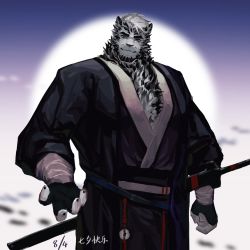 Rule 34 | 1boy, alternate costume, animal ears, arknights, bara, beckoning, black kimono, furry, furry male, highres, japanese clothes, kimono, looking at viewer, maandherwtqs, male focus, mature male, mountain (arknights), muscular, muscular male, outstretched hand, pectorals, reaching, reaching towards viewer, scar, scar across eye, short hair, solo, thick eyebrows, tiger boy, tiger ears, white fur, white hair