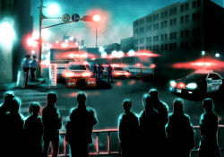Rule 34 | 4girls, 6+boys, car, city, cityscape, commentary, motor vehicle, multiple boys, multiple girls, night, onibi (foxhound4185), original, police, police car, road, road sign, sign, street, traffic light, vehicle