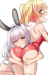 Rule 34 | 2girls, ;t, animal ears, ass, backless leotard, bare shoulders, black hairband, blonde hair, blush, breasts, rabbit ears, closed mouth, fake animal ears, green eyes, grey eyes, hairband, half-closed eye, head on ass, hug, leotard, long hair, medium breasts, multiple girls, nose blush, open mouth, original, red leotard, short eyebrows, silver hair, simple background, strapless, strapless leotard, thick eyebrows, twintails, unname, white background, white leotard