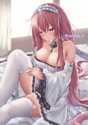 1girl absurdly_long_hair absurdres artist_name azur_lane bare_shoulders breasts center_frills cleavage dress frilled_dress frilled_hairband frills hairband highres large_breasts long_hair long_sleeves makihige perseus_(azur_lane) pink_eyes pink_hair solo thighhighs very_long_hair white_dress white_thighhighs