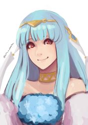 Rule 34 | 1girl, bare shoulders, blue hair, blush, bouquet, bridal veil, bride, cape, cm lynarc, dress, elbow gloves, fire emblem, fire emblem: the blazing blade, fire emblem heroes, flower, gloves, hair flower, hair ornament, highres, jewelry, long hair, looking at viewer, necklace, ninian, nintendo, smile, solo, strapless, strapless dress, tiara, veil, wedding dress, white dress, white gloves