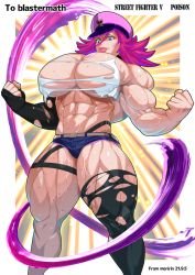 Rule 34 | 1girl, abs, blue eyes, breasts, bursting pectorals, commission, denim, denim shorts, elbow gloves, fingerless gloves, flexing, gloves, hat, huge breasts, lips, medium hair, muscular, muscular female, nikumoririn, peaked cap, pectorals, pink hair, poison (final fight), short shorts, shorts, single elbow glove, single thighhigh, skeb commission, smile, solo, street fighter, street fighter v, sweat, tank top, thick thighs, thighhighs, thighs, torn clothes