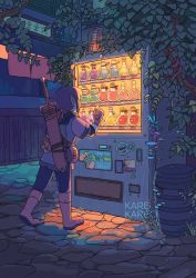 Rule 34 | 1girl, artist name, bad id, bad twitter id, boots, bottle, braid, commentary, english commentary, fantasy, from behind, glowing, jar, kamille areopagita, leaf, night, original, outdoors, plant, pointy ears, potion, scabbard, sheath, sheathed, solo, standing, sword, vending machine, vines, weapon