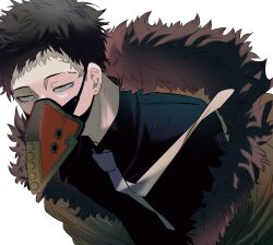Rule 34 | 1boy, absurdres, black shirt, boku no hero academia, brown hair, chacoma, ear piercing, feather-trimmed jacket, feathers, green jacket, highres, jacket, looking at viewer, male focus, mask, mouth mask, necktie, overhaul (boku no hero academia), piercing, plague doctor mask, purple feathers, shirt, short hair, solo, very short hair, white necktie, yellow eyes