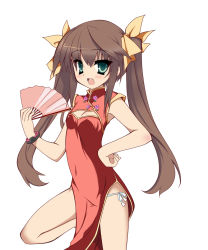 Rule 34 | 10s, 1girl, bad id, bad pixiv id, blush, brown hair, china dress, chinese clothes, dress, fang, female focus, green eyes, hair ribbon, hand fan, huang lingyin, infinite stratos, long hair, open mouth, panties, ribbon, side-tie panties, simple background, solo, twintails, underwear, white background, yuki shin