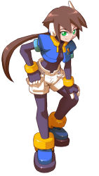 Rule 34 | 1girl, aile (mega man zx), brown hair, green eyes, long hair, makoto yabe, official art, ponytail, mega man (series), mega man zx, mega man zx advent, simple background, solo