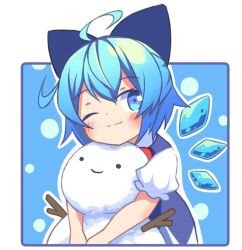 Rule 34 | 1girl, ;3, ahoge, blue background, blue bow, blue eyes, blue hair, bow, cirno, closed mouth, detached wings, hair bow, ice, ice wings, one eye closed, short hair, smile, snowman, solo, touhou, tsuri buta, wings
