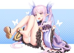 Rule 34 | 1girl, ass, barefoot, blue background, blush, brown footwear, butterfly hair ornament, cementite, commentary request, hair ornament, hand up, highres, japanese clothes, kimono, kyoka (princess connect!), long hair, long sleeves, looking at viewer, open mouth, panties, pointy ears, polka dot, polka dot background, princess connect!, purple eyes, purple hair, purple kimono, sandals, sleeves past wrists, soles, solo, toes, twintails, two-tone background, underwear, v-shaped eyebrows, very long hair, white background, white panties, wide sleeves, zouri