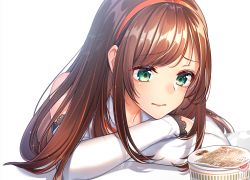 Rule 34 | 1girl, aqua eyes, arm support, bare shoulders, blush, brown hair, closed mouth, detached sleeves, hair ribbon, hairband, highres, kitazume kumie, kizuna ai, kizuna ai inc., long hair, long sleeves, multicolored hair, nissin cup noodle, orange hair, orange hairband, orange ribbon, ribbon, sleeves past wrists, solo, streaked hair, swept bangs, table, tareme, upper body, virtual youtuber