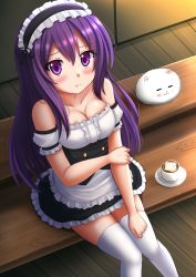 Rule 34 | 1girl, :t, apron, black dress, blush, breasts, cappuccino, cleavage, closed mouth, commentary, cup, detached sleeves, dress, english commentary, feet out of frame, frilled apron, frilled dress, frilled hairband, frills, gochuumon wa usagi desu ka?, hair between eyes, hairband, highres, indoors, kazenokaze, long hair, pout, puffy short sleeves, puffy sleeves, purple eyes, purple hair, purple hairband, saucer, short sleeves, sitting, tedeza rize, thighhighs, tippy (gochiusa), very long hair, waist apron, white apron, white sleeves, white thighhighs, wooden floor
