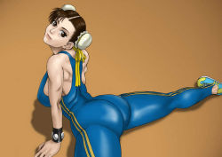 Rule 34 | 1990s (style), 1girl, ass, bare shoulders, breasts, brown eyes, brown hair, capcom, chinese clothes, chun-li, double bun, female focus, gradient background, hair bun, huge ass, karma-laboratory, large breasts, legs, looking back, looking up, retro artstyle, ribbon, shoes, short hair, skin tight, sneakers, solo, split, street fighter, street fighter zero (series), stretching, unitard, wristband