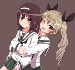 Rule 34 | 10s, alternate costume, anchovy (girls und panzer), black hair, black neckerchief, black ribbon, blouse, brown eyes, chawan (yultutari), closed mouth, commentary, drill hair, frown, girls und panzer, green hair, green skirt, grey background, hair ribbon, highres, hug, hug from behind, lifting person, long hair, long sleeves, looking at viewer, miniskirt, neckerchief, one eye closed, ooarai school uniform, open mouth, pleated skirt, red eyes, reizei mako, ribbon, school uniform, serafuku, shirt, simple background, skirt, smile, standing, twin drills, twintails, upper body, white shirt