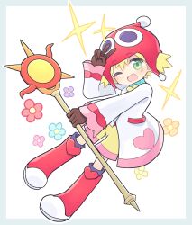 Rule 34 | 1girl, ;d, amitie (puyopuyo), arm up, blue flower, blush, boots, border, brown flower, brown gloves, character request, check character, commission, flower, full body, gloves, green eyes, grey border, hair between eyes, hat, heart, highres, holding, holding staff, jacket, kibisake, knee boots, long sleeves, looking at viewer, one eye closed, open mouth, outline, pink flower, puyopuyo, puyopuyo fever, red flower, red footwear, red hat, shorts, skeb commission, smile, solo, sparkle, staff, white background, white jacket, white outline, wide sleeves, yellow flower, yellow shorts