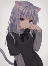 Rule 34 | 1girl, :3, @ @, animal ear fluff, animal ears, bandaged arm, bandages, black bow, black dress, bow, cat ears, cat girl, cat tail, cowboy shot, dress, dress bow, grey background, lace-trimmed sleeves, lace trim, long hair, looking at viewer, original, paw pose, purple eyes, purple hair, simple background, solo, tail, twitter username, white background, yumoran