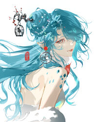 Rule 34 | 1girl, absurdres, backless outfit, bare shoulders, beads, bird hair ornament, birdcage, blue hair, branch, breasts, cage, character request, closed mouth, earrings, eyeliner, floating hair, flower, from behind, glint, hair beads, hair bun, hair ornament, hair over one eye, hair stick, half updo, halterneck, highres, jewelry, lipstick, long hair, looking at viewer, looking back, makeup, one eye covered, path to nowhere, pointy ears, red flower, red lips, scales, shawl, shuangbatian, simple background, single side bun, smile, solo, upper body, white background