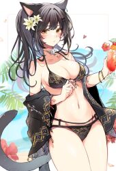 Rule 34 | 1girl, ambiguous red liquid, animal ears, warrior of light (ff14), beach, bikini, bikini pull, black bikini, black hair, black jacket, breasts, cat ears, cat girl, cat tail, cleavage, clothes pull, collarbone, cup, drink, facial mark, final fantasy, final fantasy xiv, flower, hair flower, hair ornament, hatching (texture), heart, highres, jacket, jewelry, large breasts, light blush, long hair, looking at viewer, miqo&#039;te, mokokoiro, navel, necklace, ocean, open clothes, open jacket, ponytail, red flower, sidelocks, swimsuit, tail, tree, upper body, water, white flower, yellow eyes