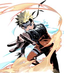 Rule 34 | 1boy, blonde hair, blue eyes, cofffee, facial mark, feet out of frame, fighting stance, foreshortening, headband, holding, holding knife, jumpsuit, knife, kunai, looking at viewer, male focus, naruto (series), orange jumpsuit, short hair, solo, spiked hair, thigh strap, uzumaki naruto, weapon, whisker markings, white background